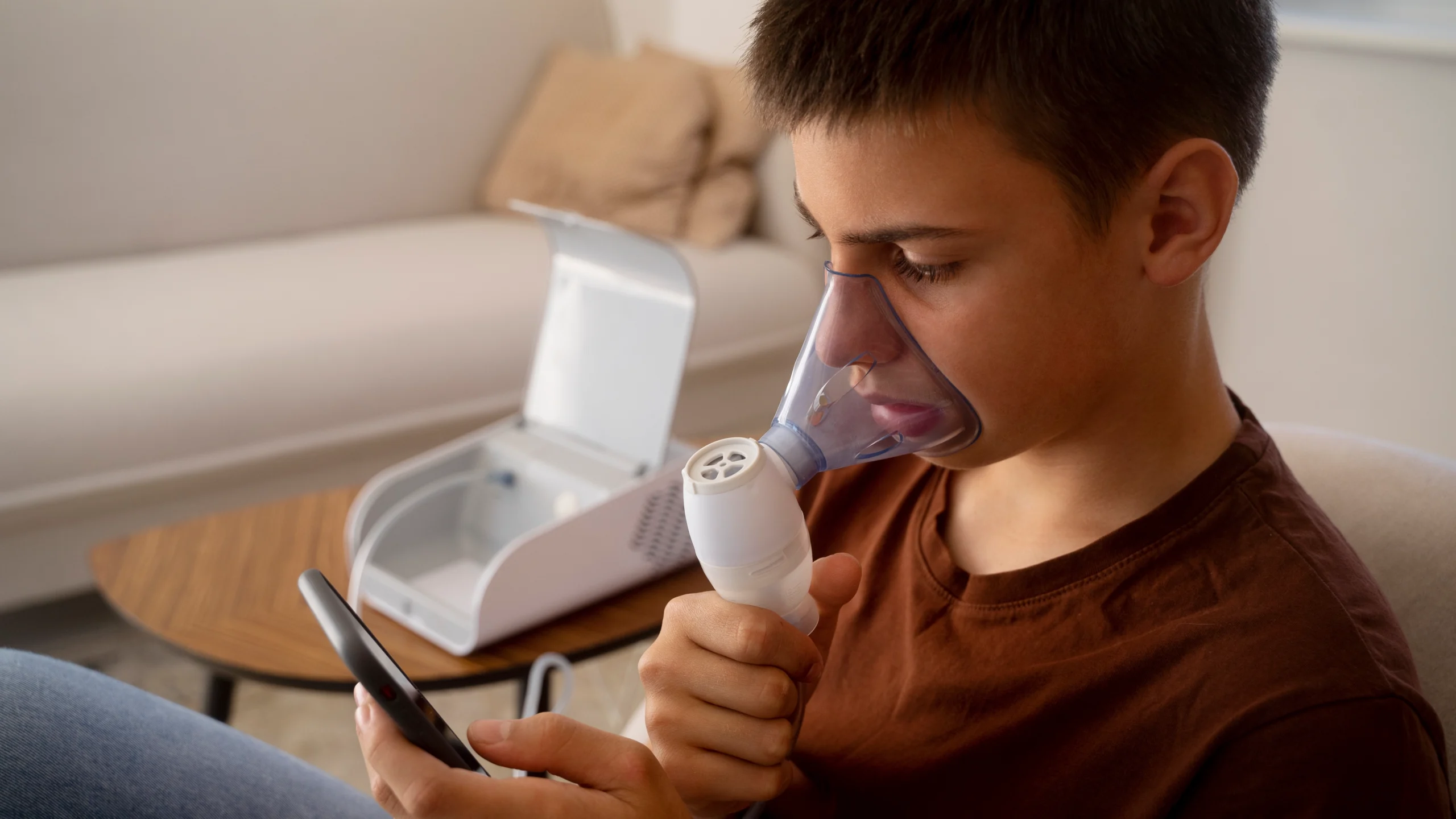 Teenage boy using nebulizer